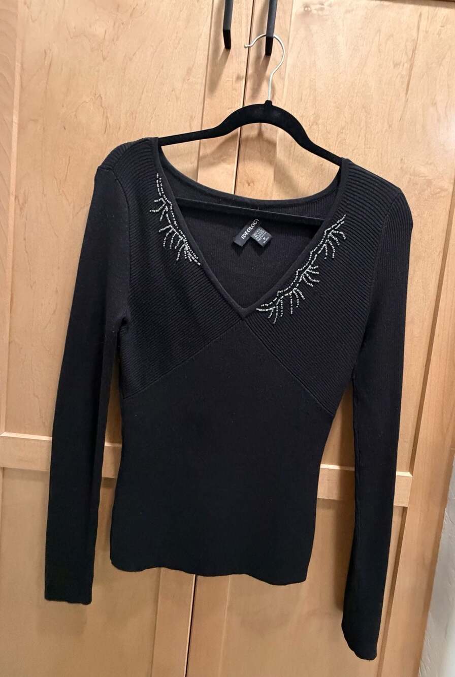 Ideology Black Long Sleeve Top with Beaded Embellishments
